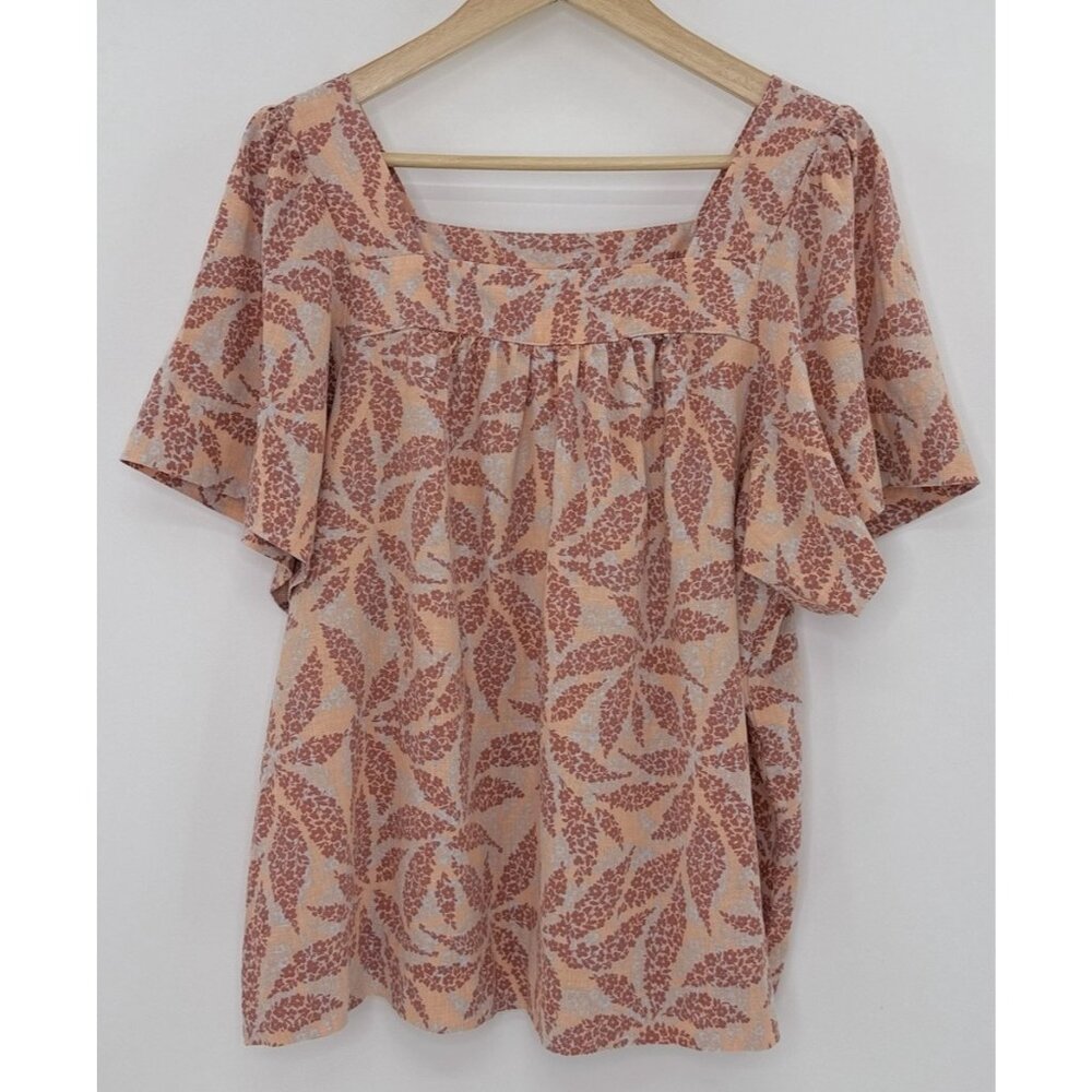 ECOTHREADS Linen Blend Peach Pink‎ Floral Square Neck Blouse Sz XL Beach Boho